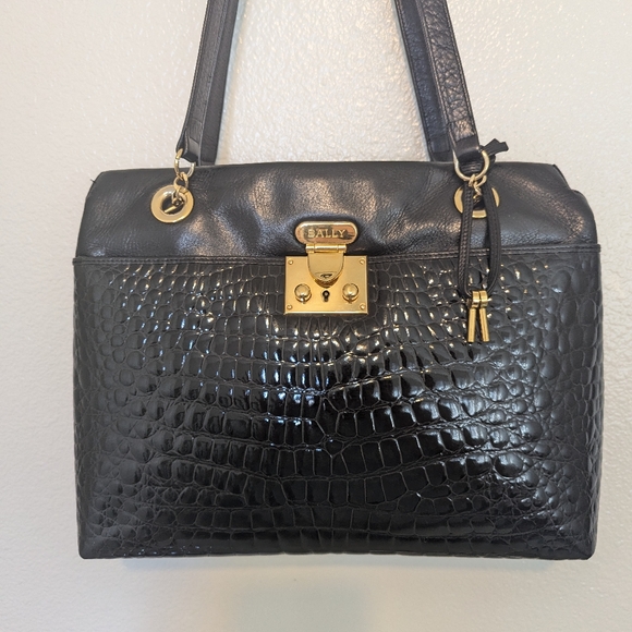 Bally Black Croc-Embossed Leather Bag with Gold Accents - Picture 4 of 15